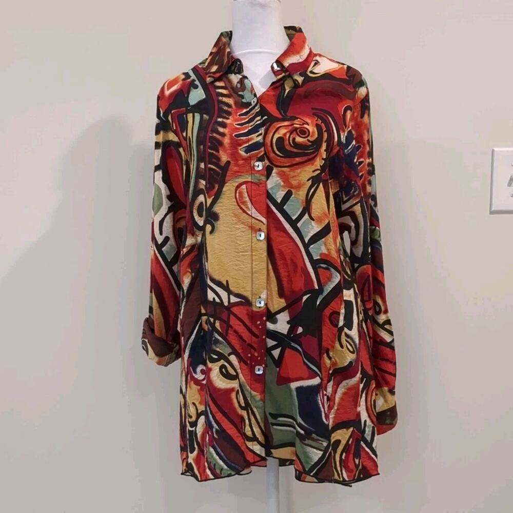 John Mark Top Womens S Button Blouse Colorful Abstract Tribal Long Sleeve Top